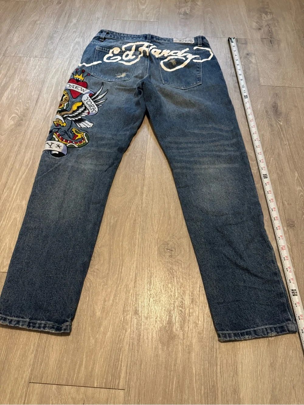 Ed Hardy Blue Slim Straight Jeans with Multicolor Dragon Embroidery